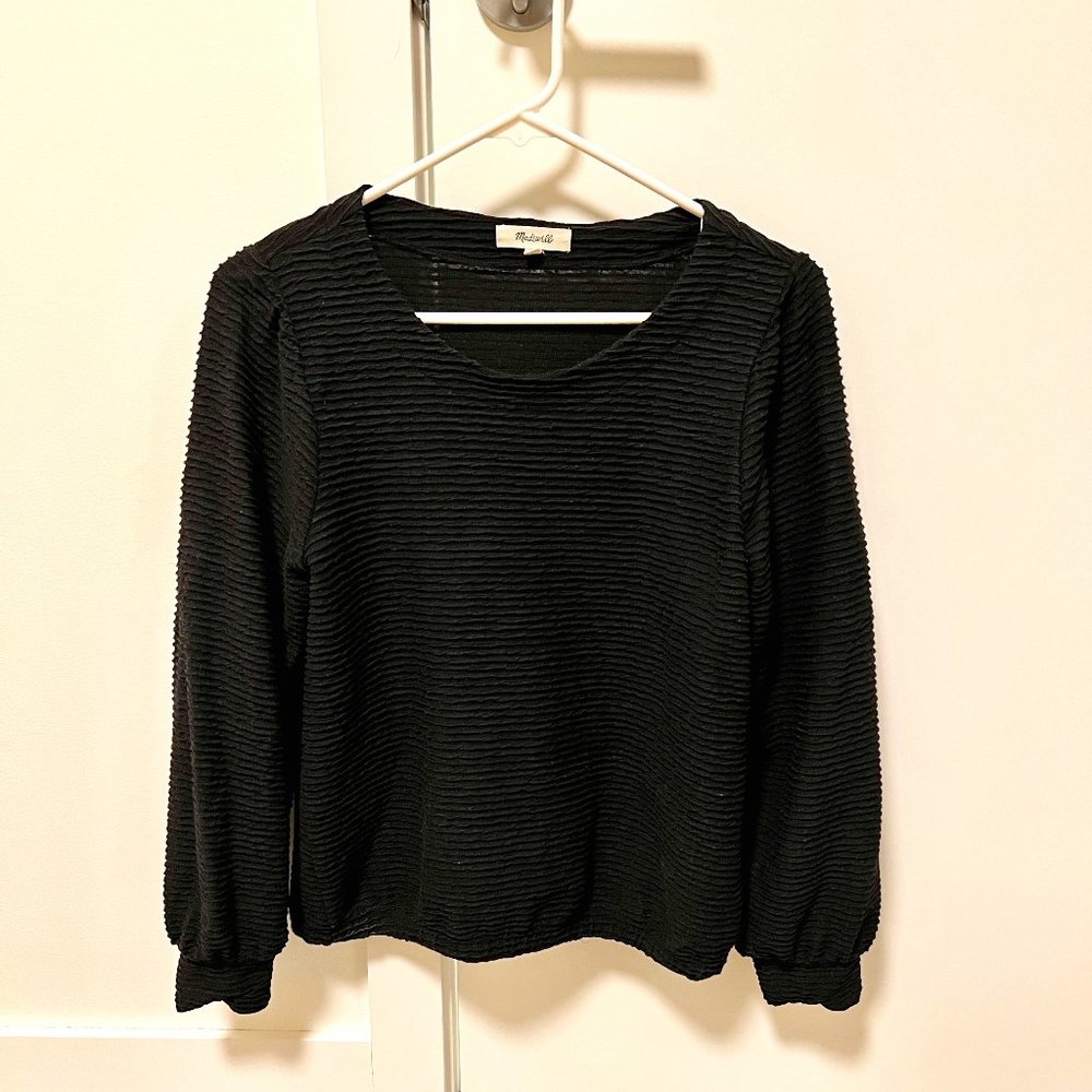 Madewell Ottoman Jacquard Balloon Sleeve Linen Blend Top, Size M, Black